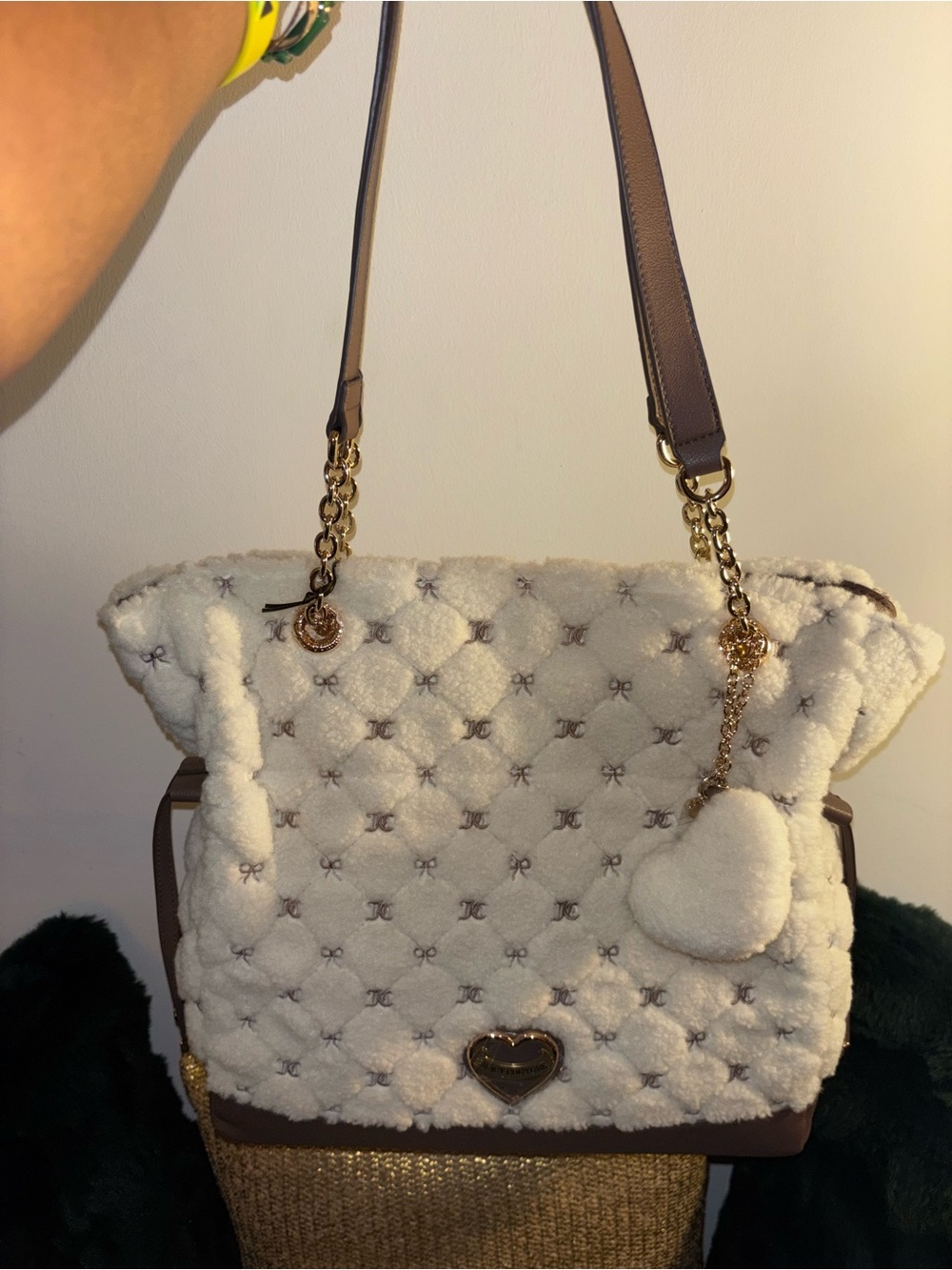 Juicy couture lovely day tote Cream Quilted Faux-Shearling Tote with Heart Charm